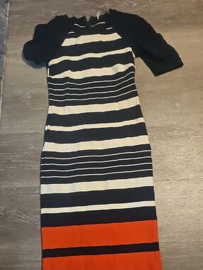 Michael Kors Navy, White and Orange Striped Midi Dress